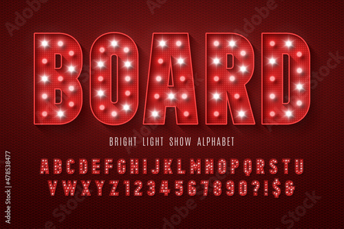 Retro cinema alphabet design, cabaret, LED lamps letters and numbers.