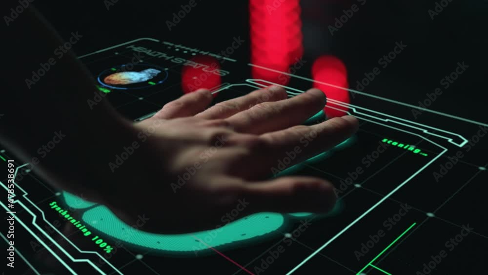 High tech medical biometrical scanner analysing health status scan hand closeup