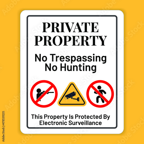 Private Property: No Trespassing, No Hunting. This Property Is Protected By Electronic Surveillance. Eps10 vector illustration