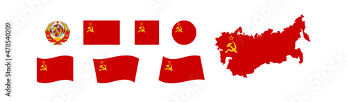 USSR flag set and map. Soviet Union coat of arms. Star, hammer and sickle icon. Communism vector illustration