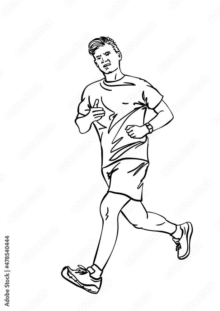 Sketch of running young man, Hand drawn vector linear illustration