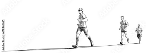 Sketch of three running men with long shadow, Hand drawn vector illustration