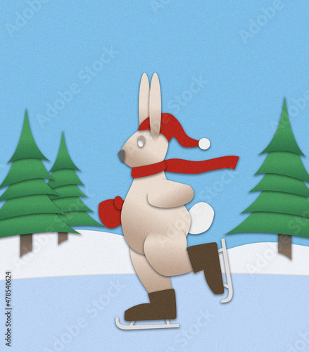 Rabbit in a scarf and hat happily skating on a pond