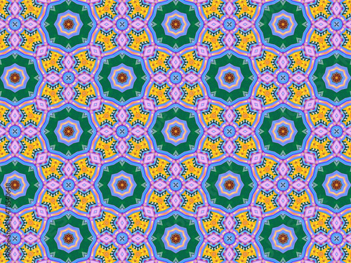 A sophisticated geometric pattern inspired by Middle Eastern and Moroccan ornaments. Elaborate kaleidoscopic surface print in blue, purple and yellow colors for textile design and gift wrapping paper.