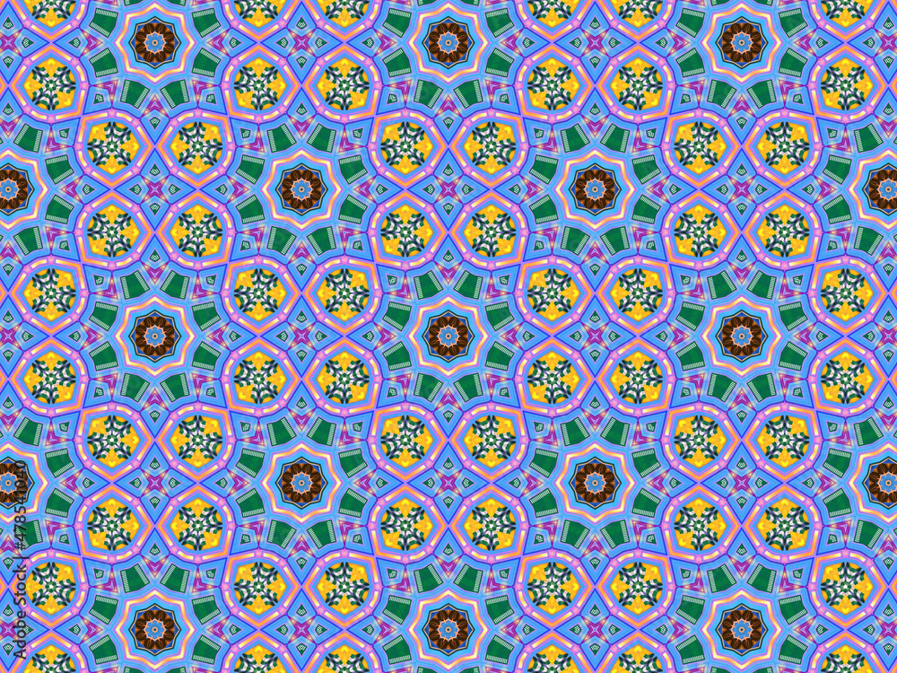 A sophisticated geometric pattern inspired by Middle Eastern and Moroccan ornaments. Elaborate kaleidoscopic surface print in blue, purple and yellow colors for textile design and gift wrapping paper.