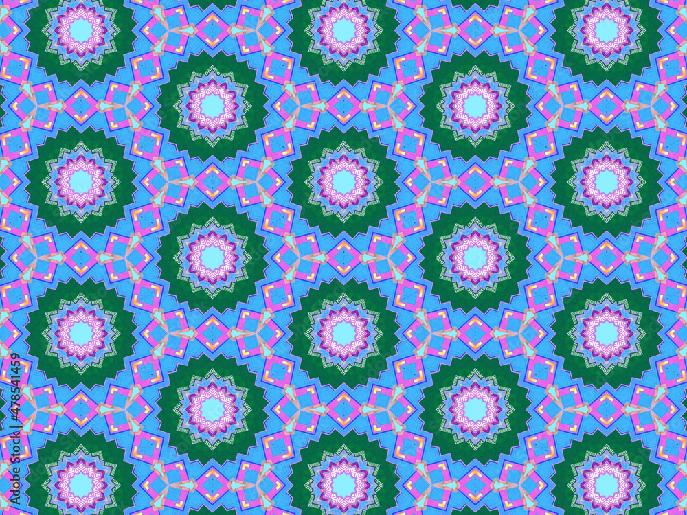 A sophisticated geometric pattern inspired by Middle Eastern and Moroccan ornaments. Elaborate kaleidoscopic surface print in blue, purple and yellow colors for textile design and gift wrapping paper.