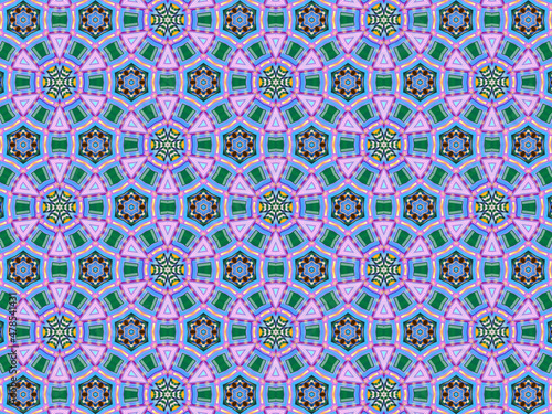 A sophisticated geometric pattern inspired by Middle Eastern and Moroccan ornaments. Elaborate kaleidoscopic surface print in blue, purple and yellow colors for textile design and gift wrapping paper.