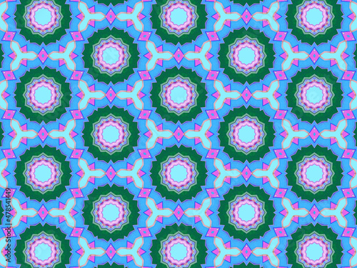 A sophisticated geometric pattern inspired by Middle Eastern and Moroccan ornaments. Elaborate kaleidoscopic surface print in blue, purple and yellow colors for textile design and gift wrapping paper.