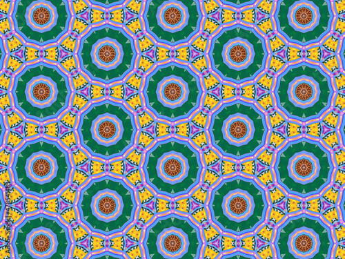 A sophisticated geometric pattern inspired by Middle Eastern and Moroccan ornaments. Elaborate kaleidoscopic surface print in blue, purple and yellow colors for textile design and gift wrapping paper.