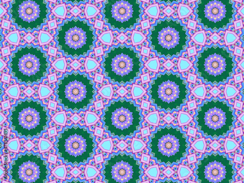 A sophisticated geometric pattern inspired by Middle Eastern and Moroccan ornaments. Elaborate kaleidoscopic surface print in blue, purple and yellow colors for textile design and gift wrapping paper.