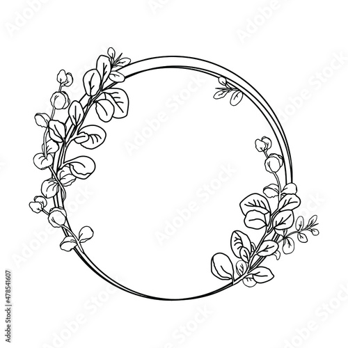 Eucalyptus circle wreath, hand drawn leaves frame for invitation design.Vector illustration isolate on white design