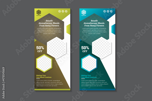 aromatherapy blends for hemp flower headline of roll up banner design template use vertical layout. collection design use combination color are green, blue and brown. hexagon space for photo.