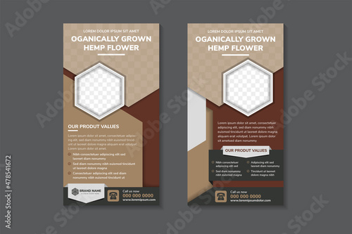 organically grown hemp flower headline of roll up banner design template use vertical layout. multicolored brown and grey on element and background. hexagon shape for space of photo.