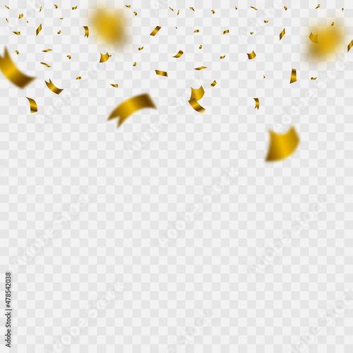Gold confetti falls. confetti, streamer, tinsel on a transparent background for design and congratulations.Vector