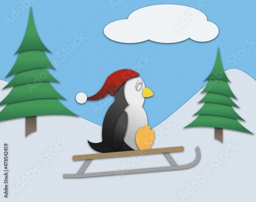 Penguin in a hat happily sledding in a winter wonderland
