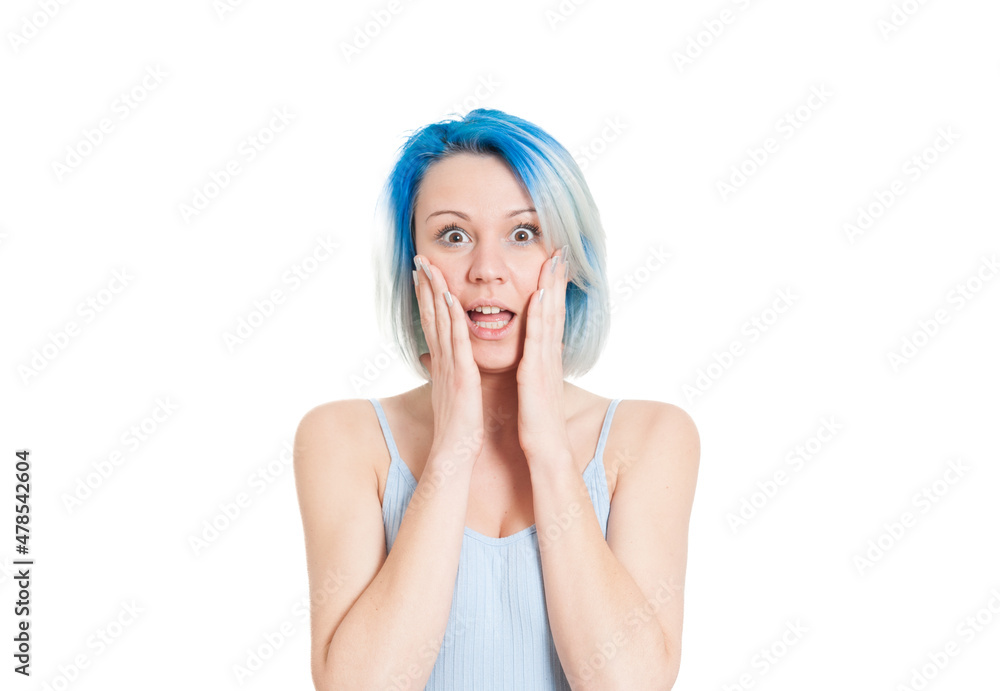 Young girl stunned open mouth portrait copy space on whiote background