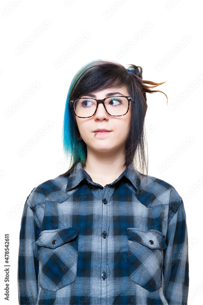 Teen girl colored hairs big glasses looking out portrait on white background Teen girl colored hairs big glasses looking out portrait on white background
