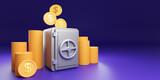 Safe money box. Lots of coins in front of safe. Concept of accumulating and saving money. Keeping money and receiving passive income. Illustration for bank deposit. Accumulation of finance. 3d image.
