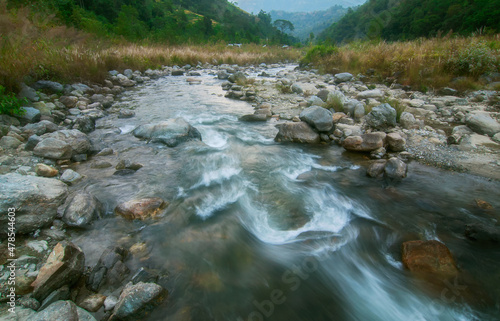 Beautiful Reshi River water flowing through stones and rocks at dawn  Sikkim  India. Reshi is one of the most famous rivers of Sikkim flowing through the state and serving water to many local people.