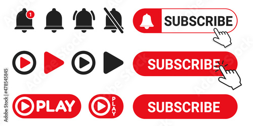 Subscribe, Notification And Play Button Set - Black And Red Vector Illustrations Isolated On White Background