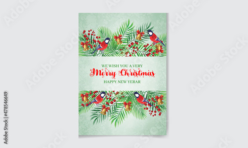 Christmas watercolor floral invitation card with holly leaves  flower  geometric. Editable vector illustration for wedding invitation card  flyer and website banner