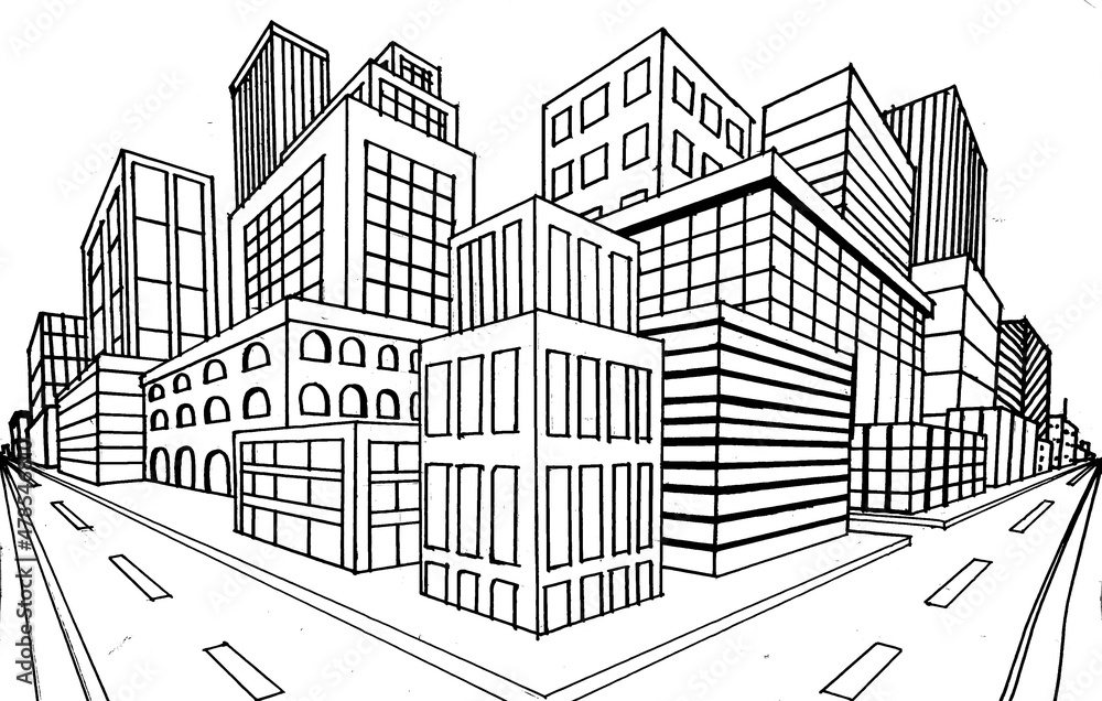 Illustration of a cityscape of skyscrapers with a two-point vanishing perspective