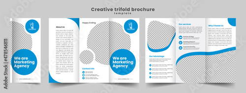 Tri fold brochure design with blue and orange color. business trifold Leaflet Brochure Flyer report template design.