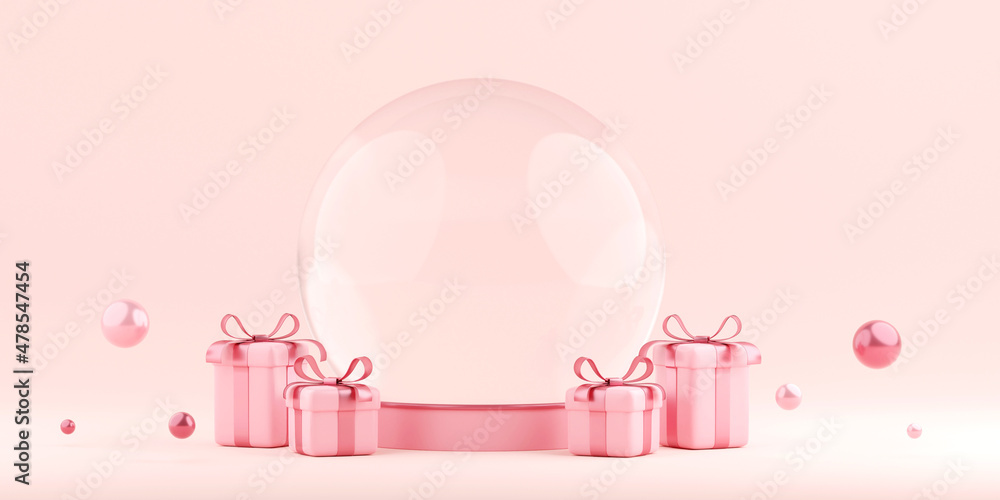 3d illustration banner of crystal globe with gift box, Happy Valentine's Day