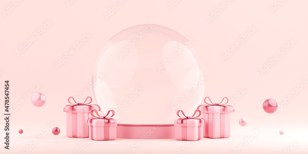 3d illustration banner of crystal globe with gift box, Happy Valentine's Day 3d illustration banner of crystal globe with gift box, Happy Valentine's Day
