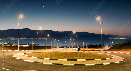 Road leading to the Red Sea, night in Eilat city