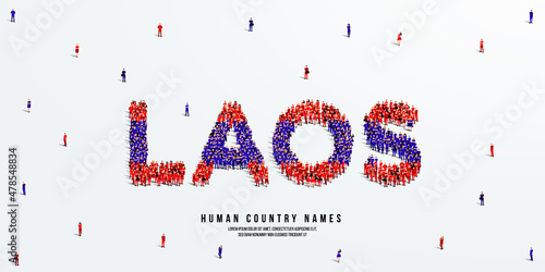 A large group of people stands, making up the word Laos. Laos flag made from people crowd. Vector illustration isolated on white background.
