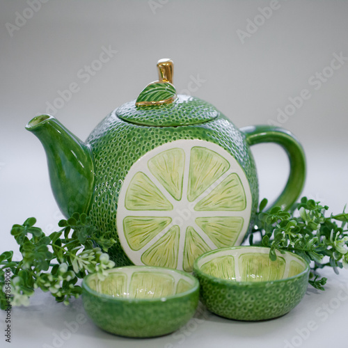 Teapot lime green. Handmade ceramic tea set