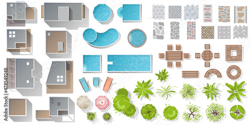 Architectural and Landscape elements top view. Kit for landscape, cityscape design. Objects for project, map. Vector collection of house, cottage, plant, tree, swimming pool, outdoor furniture, tile