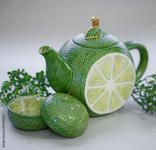 Teapot lime green. Handmade ceramic tea set
