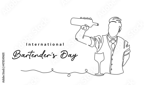 Bartenders Day simple vector illustration. Barman or barista job minimal background, banner, poster. One continuous line art drawing for international bartenders day celebration