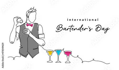 Bartenders Day simple vector illustration. Barman or barista job minimal background, banner, poster. One continuous line art drawing for international bartenders day celebration