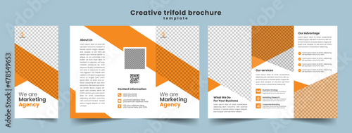 Tri fold brochure design with blue and orange color. business trifold Leaflet Brochure Flyer report template design.
