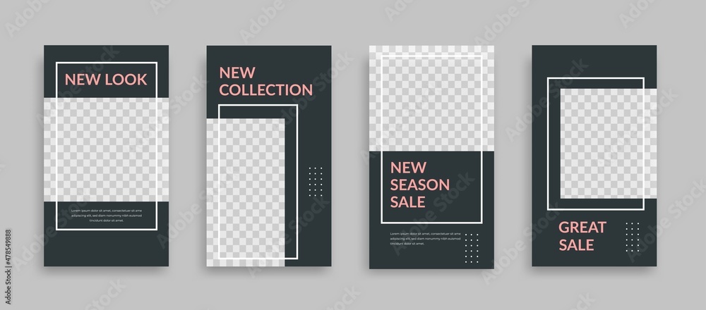 Set of Editable minimal square banner template. Black pink white background color with geometric shapes for social media post, story and web internet ads. Vector illustration Set of Editable minimal square banner template. Black pink white background color with geometric shapes for social media post, story and web internet ads. Vector illustration