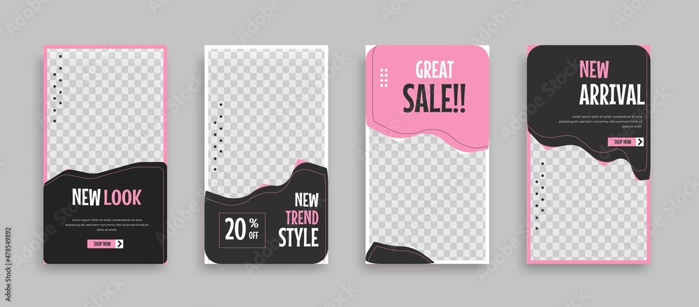Set of Editable minimal square banner template. Pink black white background color with geometric shapes for social media post, story and web internet ads. Vector illustration Set of Editable minimal square banner template. Pink black white background color with geometric shapes for social media post, story and web internet ads. Vector illustration