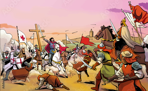 Illustration of Christian vs Muslim crusades.Battle scene with city in the background