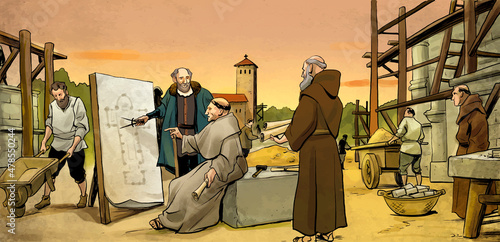 Illustration of medieval cathedral construction. Architect showing blueprints to monks photo