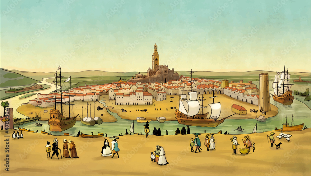 Fototapeta premium Illustration of the city of Seville in the 15th century