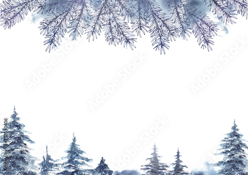 Winter frame with blue forest pine trees and branches. Watercolor and line illustration on white background.