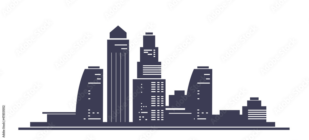 Obraz premium Vector illustration of silhouette of cityscape isolated on white color background. Flat style design of panorama of white and black city street