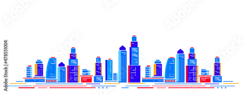 Vector bright illustration of blue city street with skyscraper on white color background. Flat style design of panorama of cityscape with line