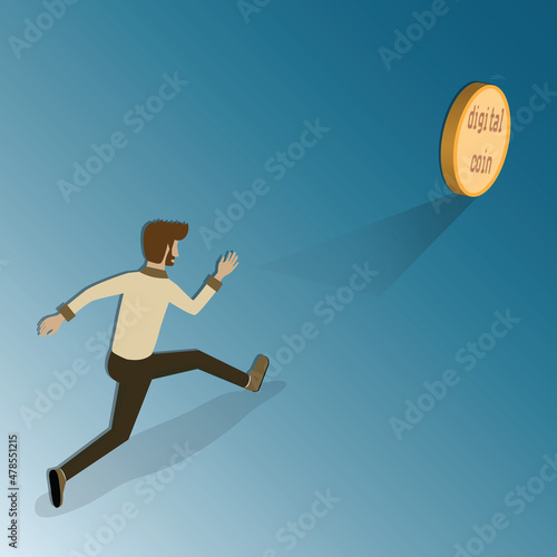 Flat design of business finance,The businessman run away from the yellow coin attacking - vector