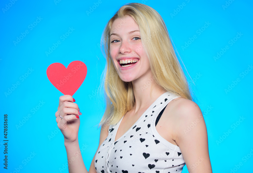 Perfect celebration. Romantic greeting. Valentines day sales. woman with decorative heart. Date. happy woman on blue background. Love and romance. Valentines day party Perfect celebration. Romantic greeting. Valentines day sales. woman with decorative heart. Date. happy woman on blue background. Love and romance. Valentines day party
