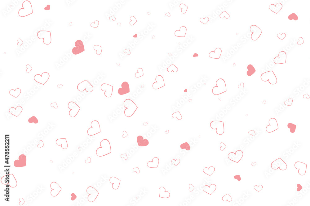Pink hearts scattered on a white background. Valentine's day pattern