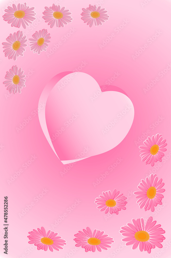 Decorative pink heart with white daisies on a trendy pink background.  Happy Valentine's Day, Mother's Day, March 8, World Women's Day, love.