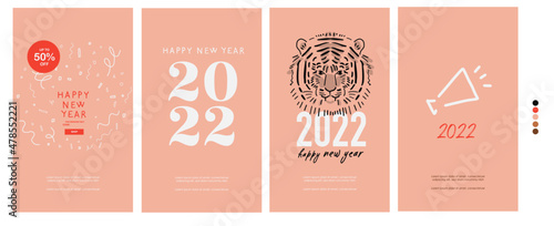 Happy New Year 2022 - Instagram Stories template. Set of 4  New Year design. Design template for social networks, media, greeting card, email, vertical banner. Pink and Red. Vector illustration  